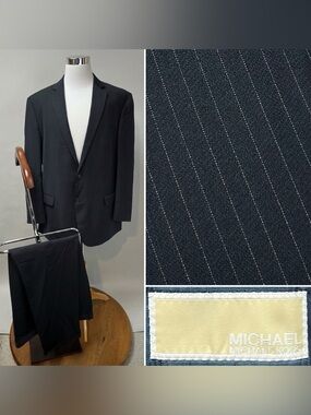 Michael Kors Men’s 50L Blazer Jacket 44 X 33.5” Pants Navy Wool Pinstripe Suit